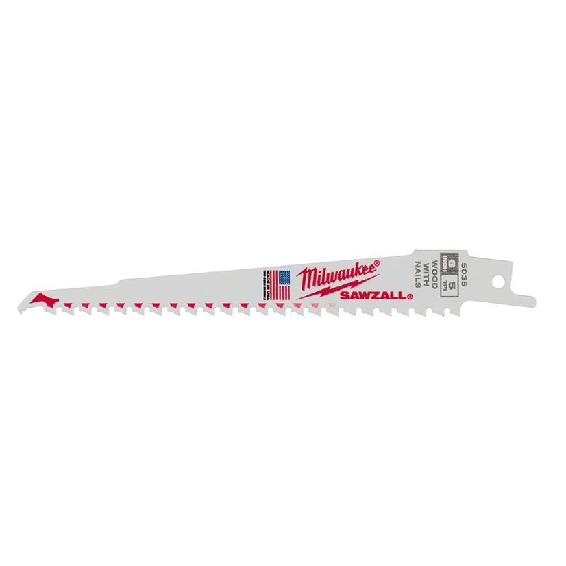 Milwaukee SAWZALL 48-00-5035 Heavy Duty High Performance Tapered Back Reciprocating Saw Blade, 6 in L x 3/4 in W, 5 TPI, Bi-Metal Body, Universal/Toothed Edge Tang